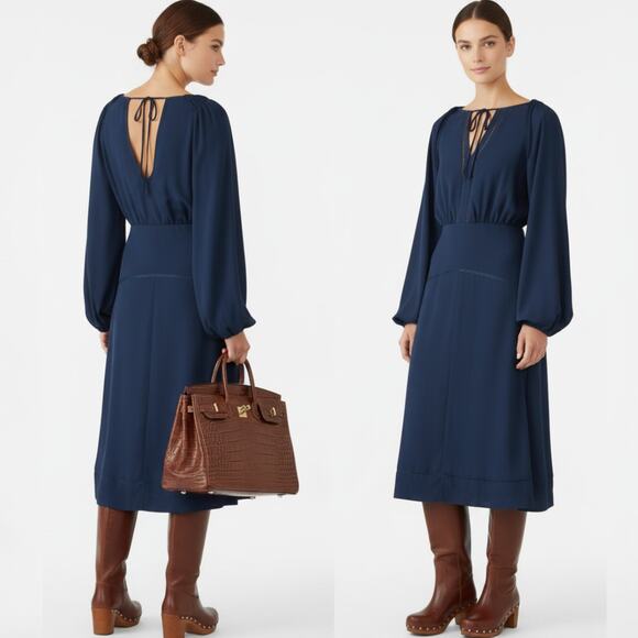 Fame and Partners Navy Hanne Midi Dress Bishop Balloon Sleeves Low V-Back Size 2 - Picture 1 of 12